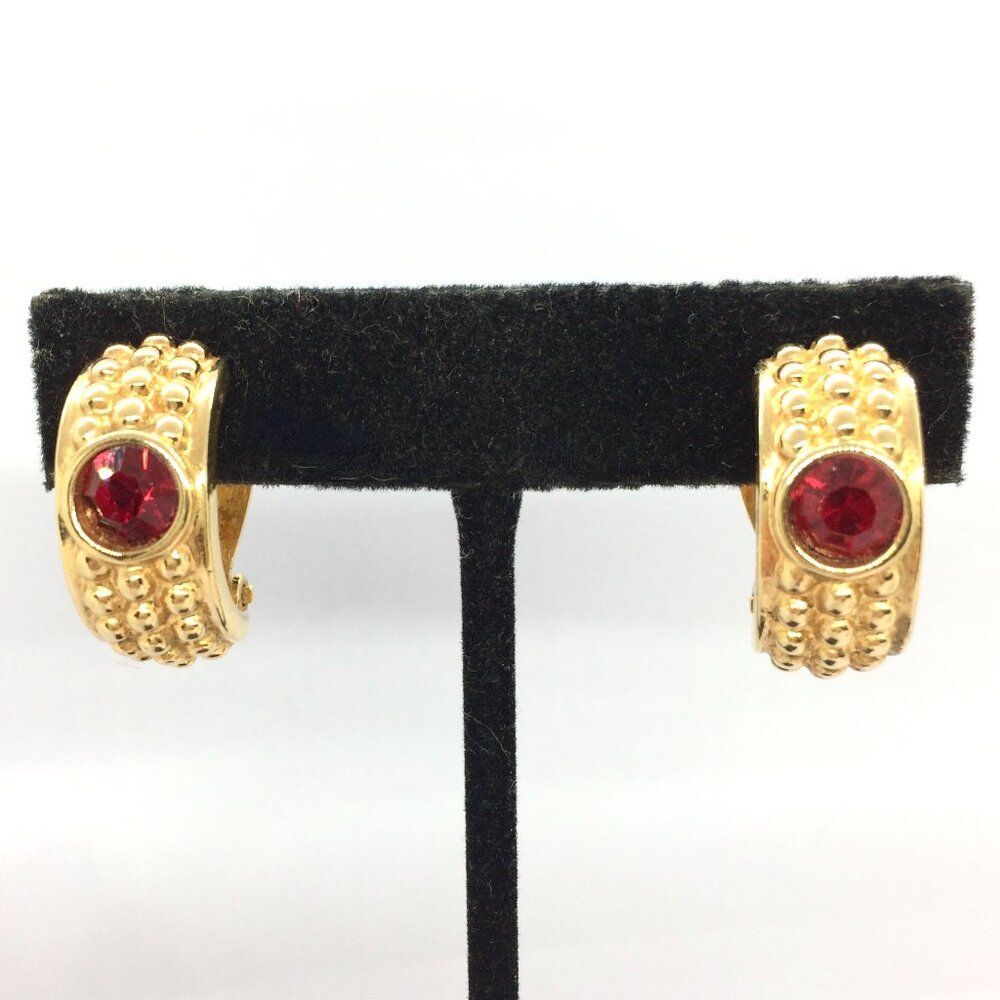 VINTAGE SWAROVSKI Clip Earrings Gold Tone  Red Crystal Half Hoop Dome Signed